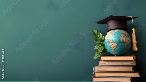 Conceptual image depicting the of education and ecology with a globe and mortarboard symbolizing learning surrounded by green plants growing on stacked books in a natural sunlit setting