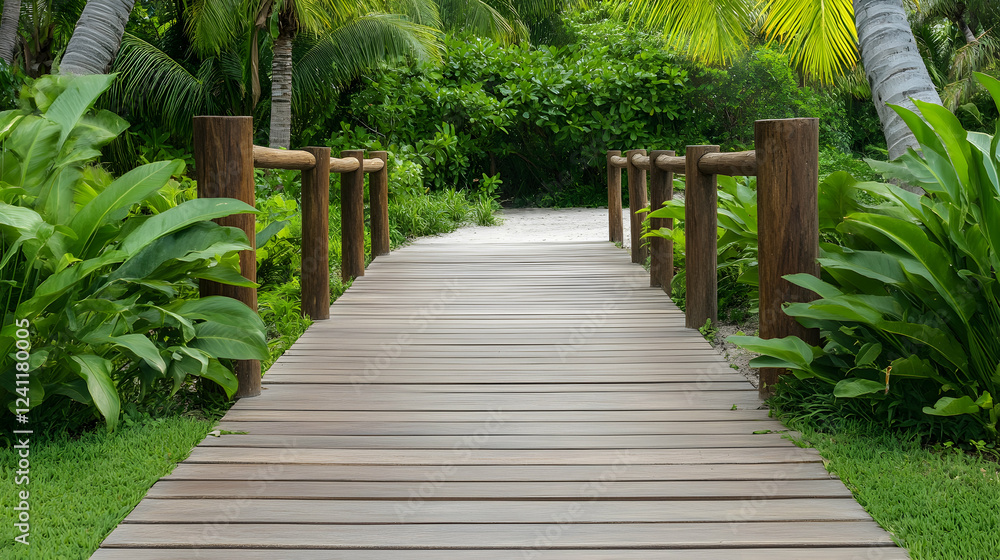 Obraz premium Wooden boardwalk path through tropical garden; tranquil escape