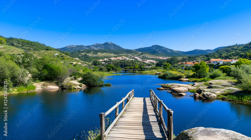 Obraz premium Wooden bridge over calm river, village backdrop, sunny day, peaceful landscape, travel photography