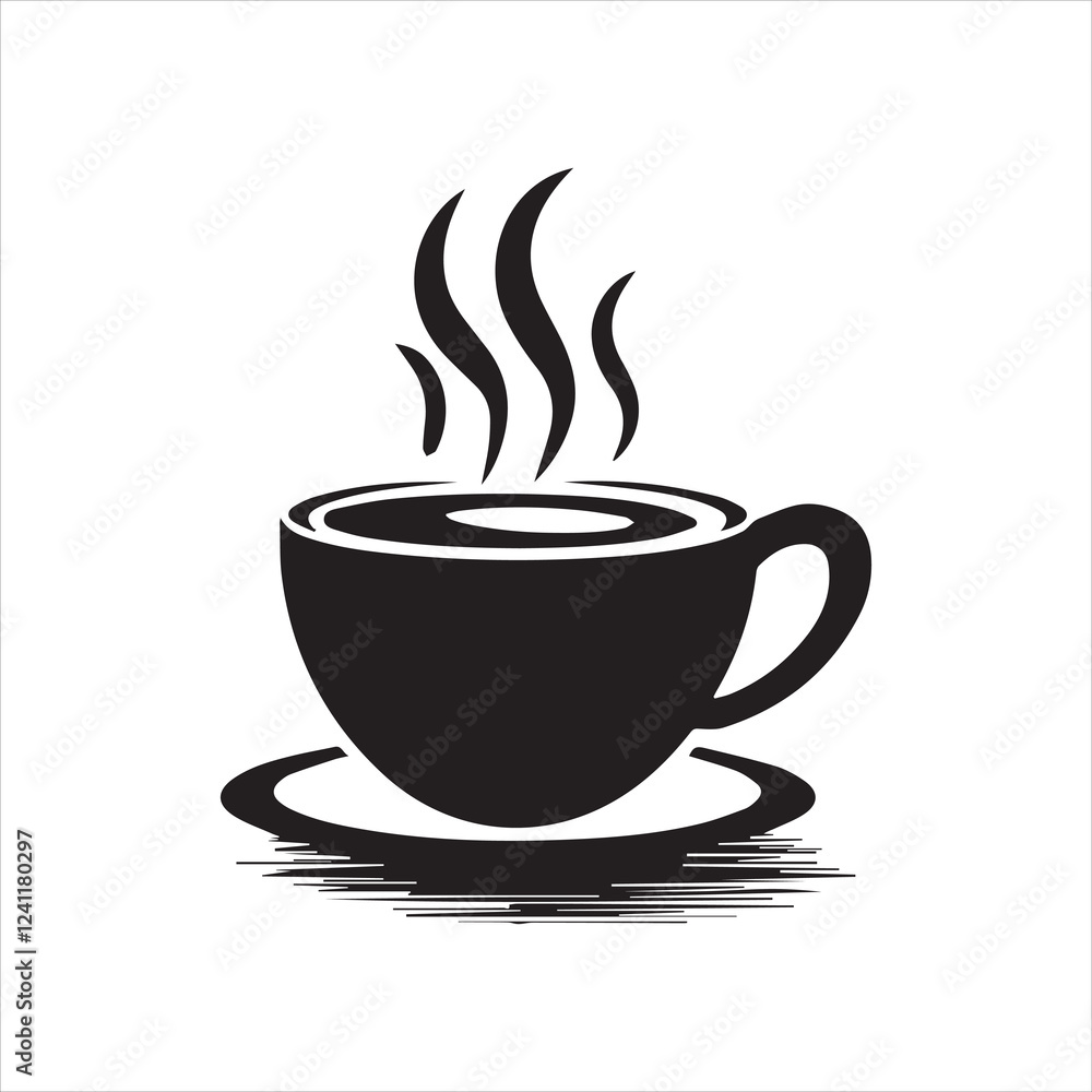A black and white coffee cup with steam rising from it - Coffee Cup Icon - A coffee cup of a silhouette vector illustration on white background.Simple black and white coffee cup graphic logo. A black and white coffee cup with steam rising from it - Coffee Cup Icon - A coffee cup of a silhouette vector illustration on white background.Simple black and white coffee cup graphic logo.