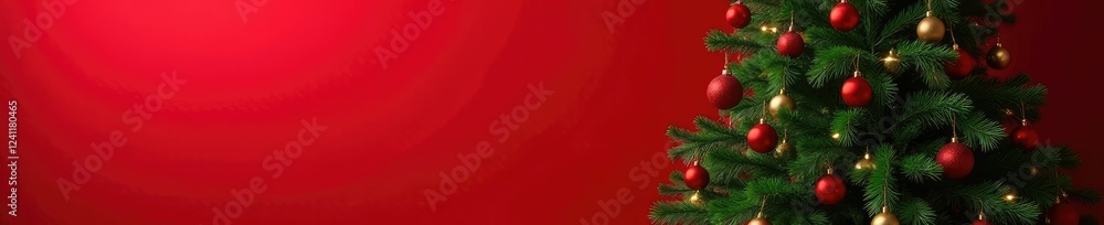 Fototapeta premium A large evergreen tree with ornaments and lights against a warm red wall, wall, ornaments, decor