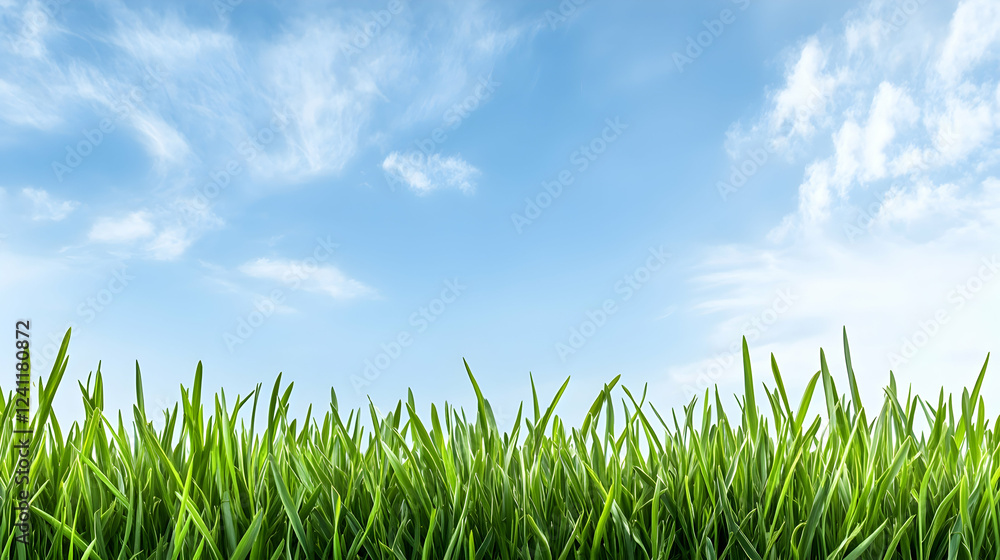 Lush green grass under a vibrant blue sky with fluffy clouds; perfect for spring or nature themed designs Lush green grass under a vibrant blue sky with fluffy clouds; perfect for spring or nature themed designs