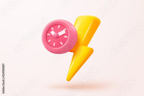 3D thunder bolt icons with coupon for sales and shopping online purchases. symbol of thunderbolt energy, flash lightning on time alert notification. 3d clock reminder icon vector render illustration