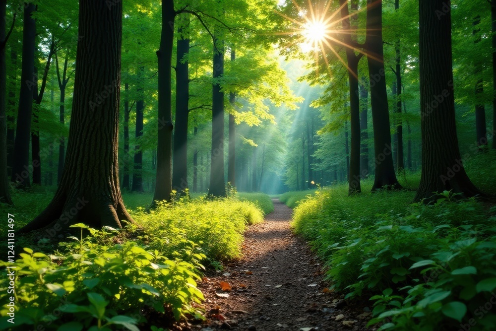 Obraz premium Deep woods trail, towering evergreens, dappled sunlight, evergreen, pnw