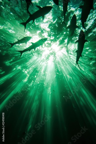 Silhouetted fish swim in sunlit underwater scene