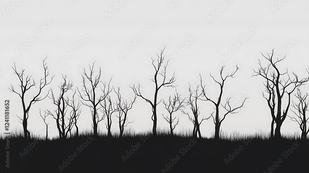 Obraz premium Sharp Focus Bare Forest Silhouetted Trees Raw Landscape Image