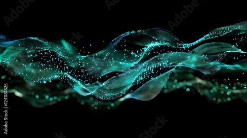 Abstract flowing teal lines with glowing dots on black background creating movement