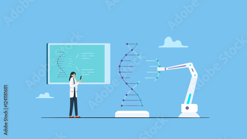 Scientists explore molecular structure of dna on automated scientific modern laboratory. Robotic arms make dna test on modern professional lab equipment. 