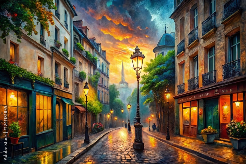 Fototapeta premium Parisian Street at Night, Dreamlike Oil Painting, Surreal Cityscape