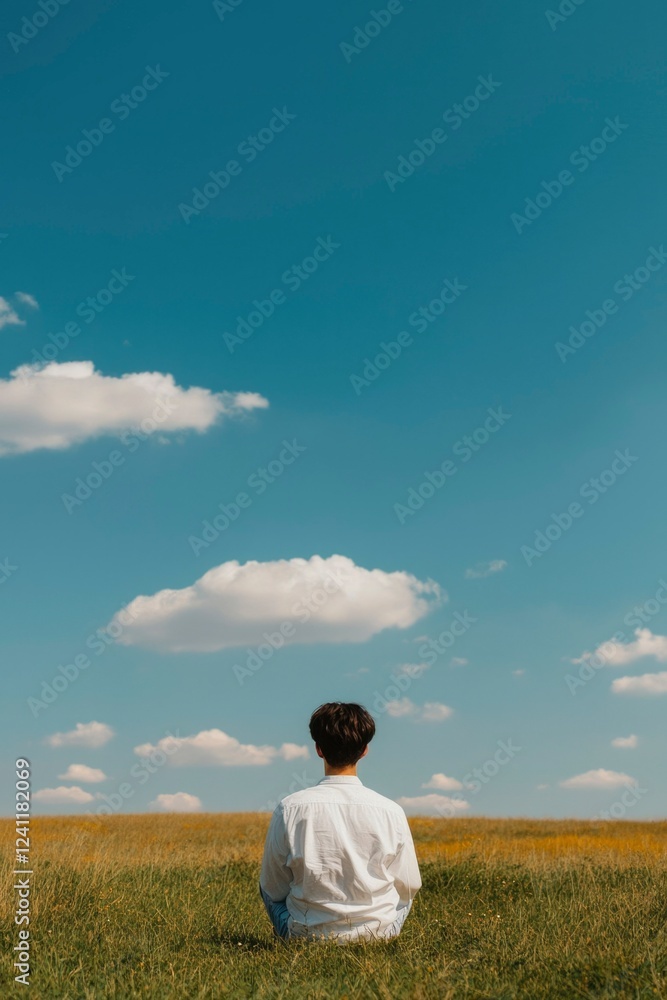 Man sits in grassy field under a blue sky Man sits in grassy field under a blue sky