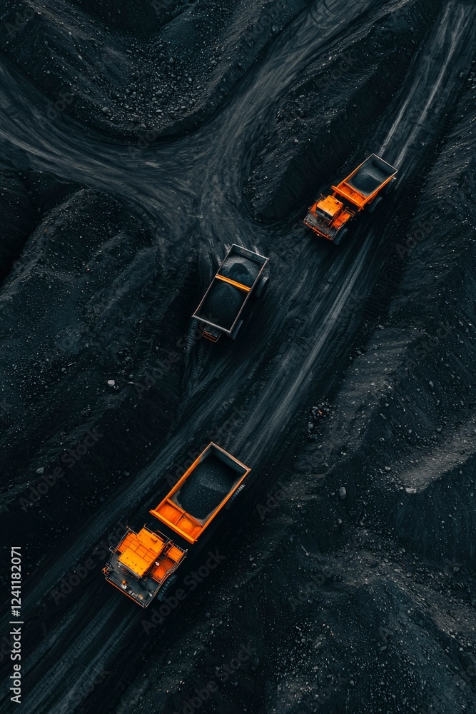 Naklejka premium Orange mining trucks transport coal in a quarry