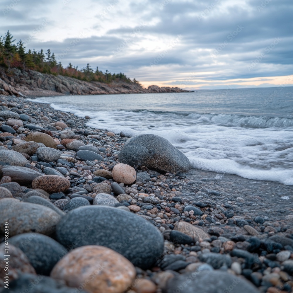 Rocky beach with rolling waves and cloudy sky at dusk Rocky beach with rolling waves and cloudy sky at dusk