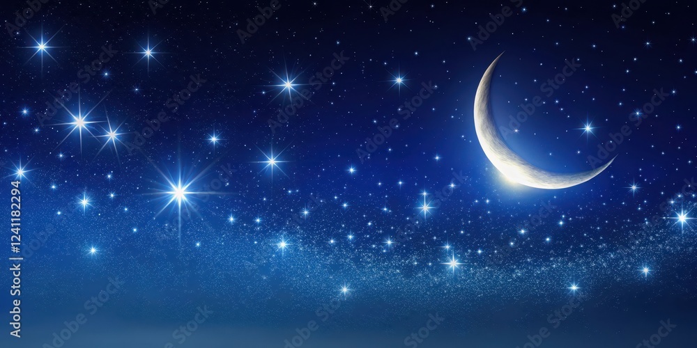 A serene clear night sky with countless twinkling stars and a bright crescent moon hanging low in the horizon, against a deep shade of indigo blue background, twinkling stars, clear night sky A serene clear night sky with countless twinkling stars and a bright crescent moon hanging low in the horizon, against a deep shade of indigo blue background, twinkling stars, clear night sky