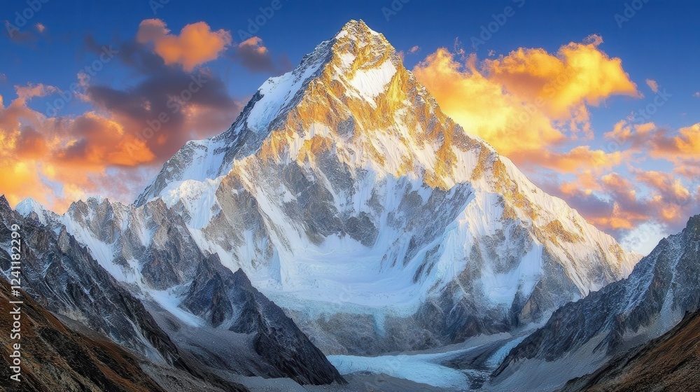 Obraz premium Majestic Snow-Capped Mountain Under Vibrant Sunset Sky