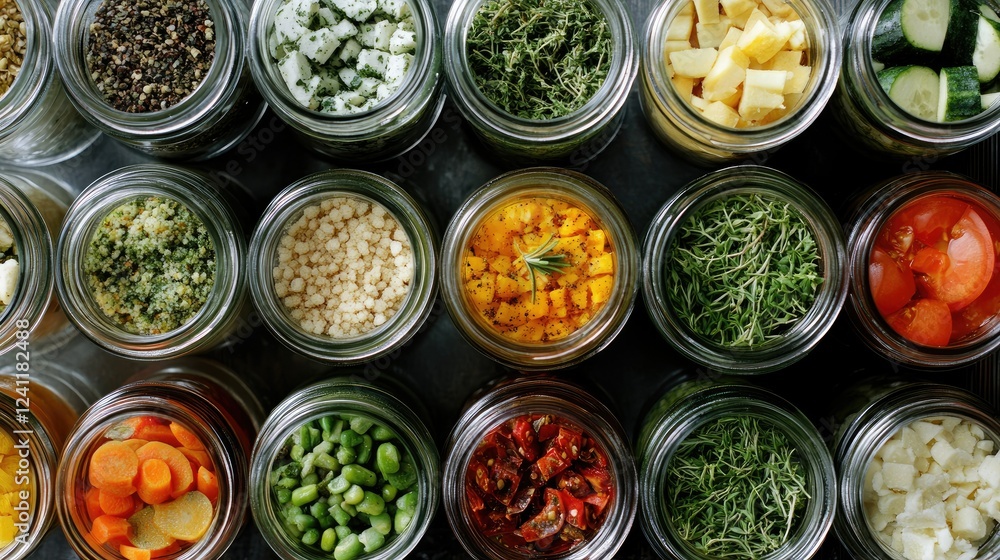 Colorful Array of Fresh Ingredients in Glass Jars for Cooking Colorful Array of Fresh Ingredients in Glass Jars for Cooking
