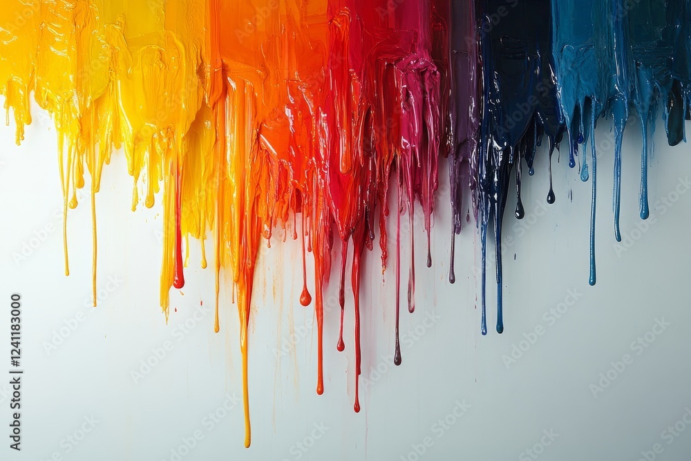 Fototapeta premium Dramatic composition of liquid paint dripping from a suspended object, forming colorful trails and droplets against a neutral backdrop.