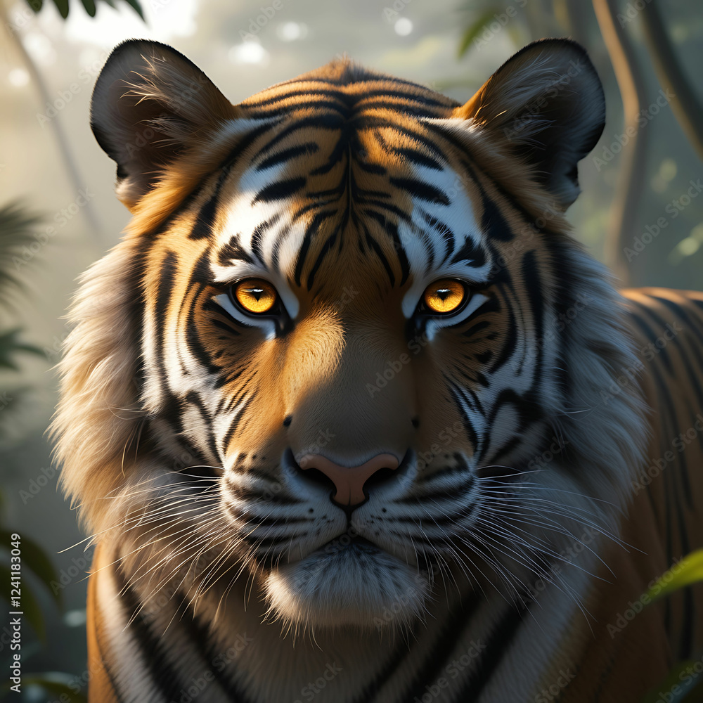 Naklejka premium Majestic Bengal Tiger Portrait with Amber Eyes & Golden Aura