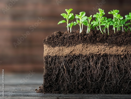 Layered soil crosssection with microorganisms and roots in action, microecological system concept photo