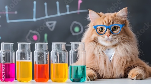 Curious Orange Cat Dressed as Researcher Utilizing Lab Equipment and Diverse Chemicals in Clean Vibrant Science Laboratory