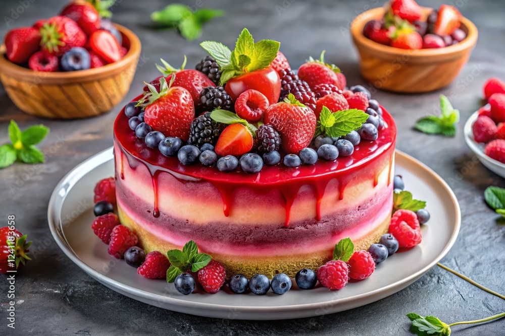 Panoramic Layered Berry Cake with Pink Glaze - Perfect for Celebrations Panoramic Layered Berry Cake with Pink Glaze - Perfect for Celebrations