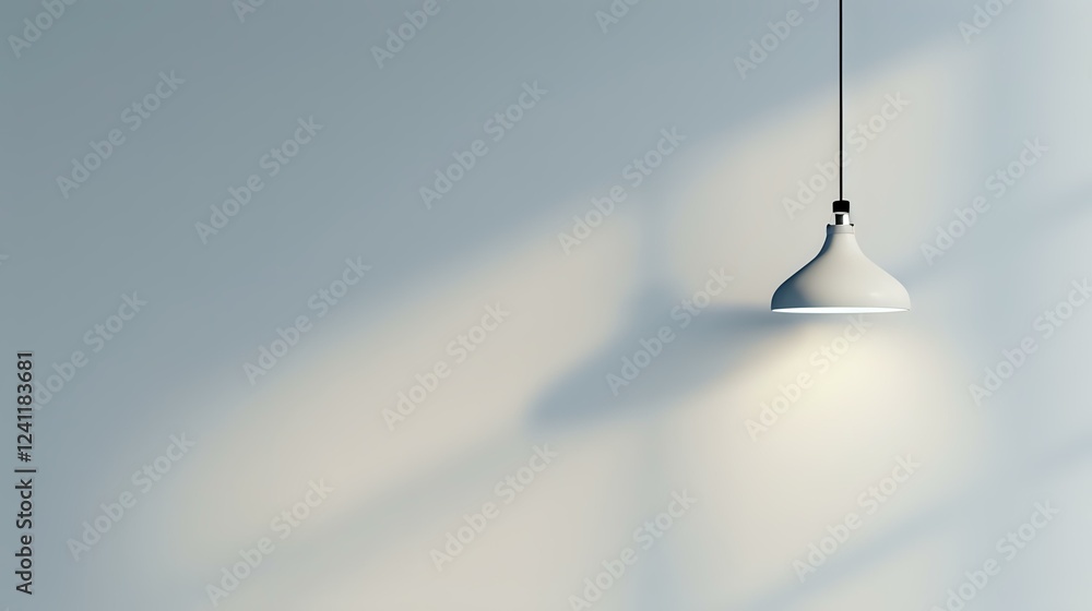 Minimalist white pendant lamp casting soft light and shadow patterns on light blue wall, creating clean modern interior atmosphere with copy space. Minimalist white pendant lamp casting soft light and shadow patterns on light blue wall, creating clean modern interior atmosphere with copy space.