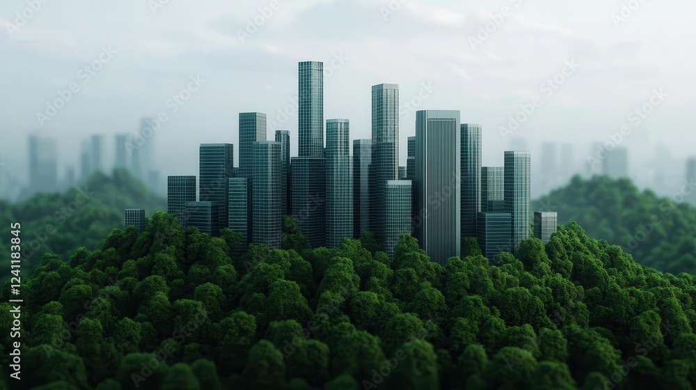 Fototapeta premium Futuristic city integrated with green technology and forest canopies, urban ecology concept