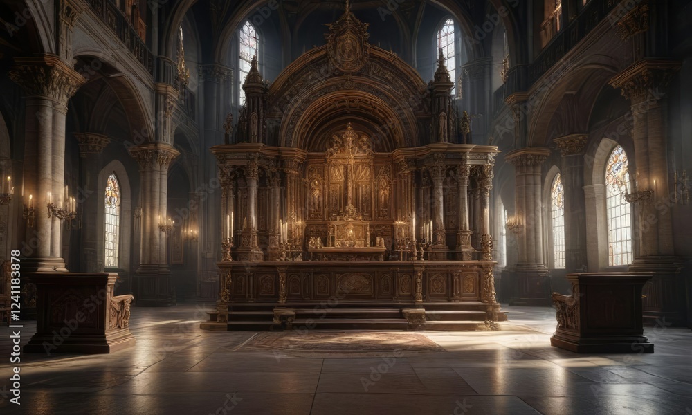 Obraz premium Interior of the church with a large altar and ornate furnishings, stonework, altar, advent
