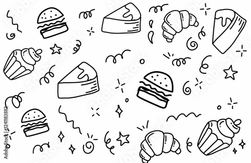 Hand drawn seamless pattern of baking and cooking tools, cake, cupcake, scale. Doodle sketch style. Illustration for textile, background