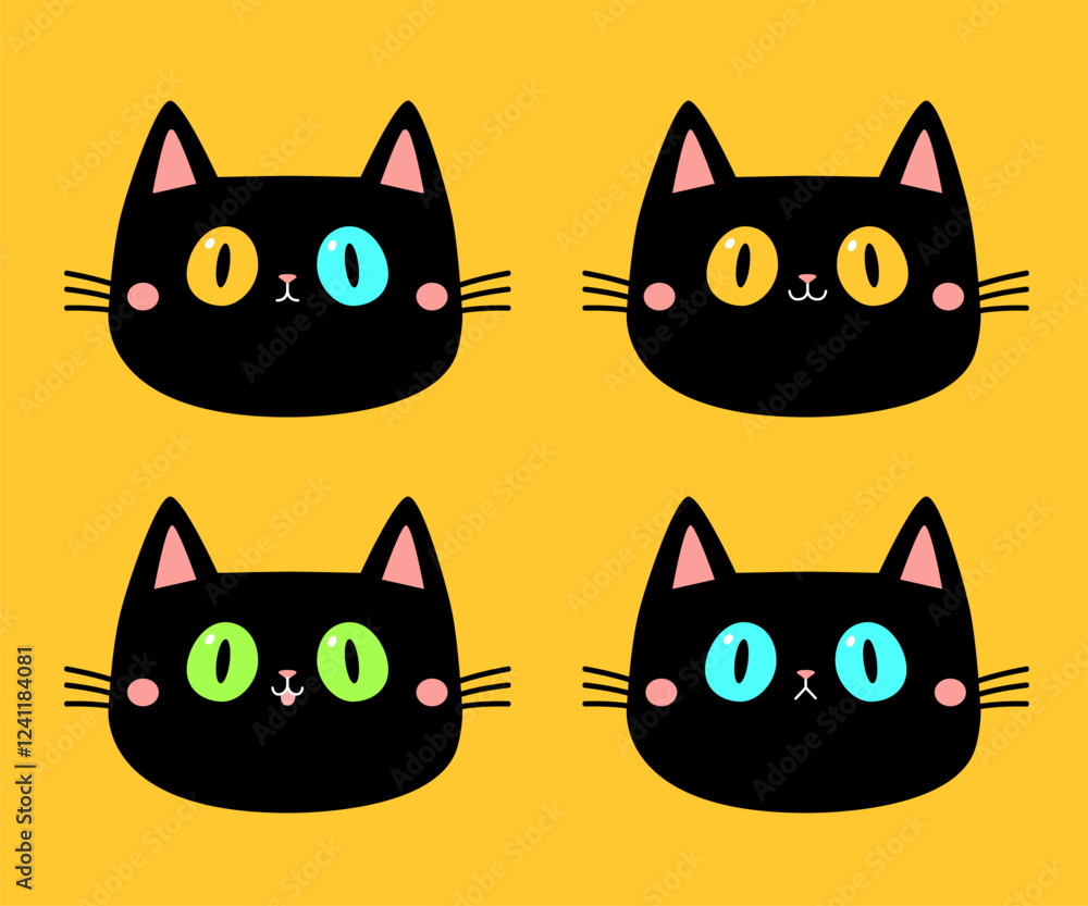 Obraz premium Cat face set. Kitten with big yellow, blue, green eyes. Black round silhouette icon. Cute cartoon funny pet character. Pink ears, nose cheek. Funny kawaii animal. Flat design. Yellow background Vector