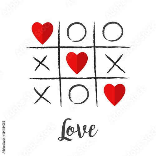 Tic tac toe game paper cross red heart sign symbol. XOXO. Love card. Happy Valentines day. Hand drawn doodle. Childish style. Love wins. Flat design. Isolated. White background. Vector illustration
