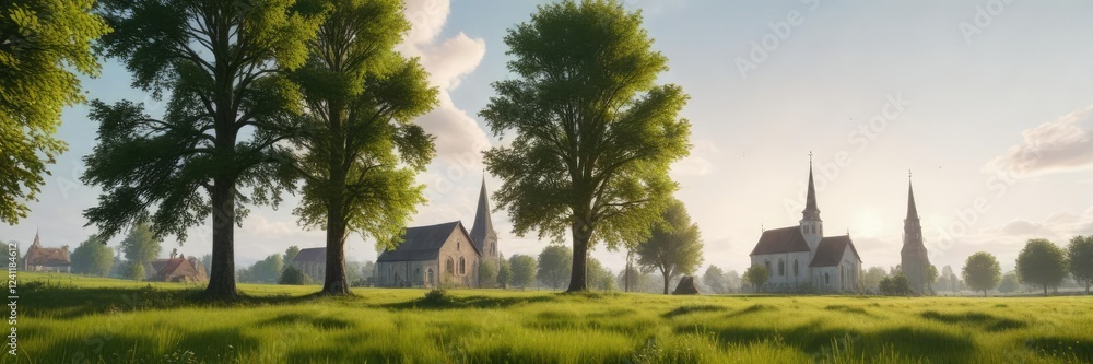 Landscape of a green meadow with trees and old churches in the background , trees, landscape, green meadow Landscape of a green meadow with trees and old churches in the background , trees, landscape, green meadow