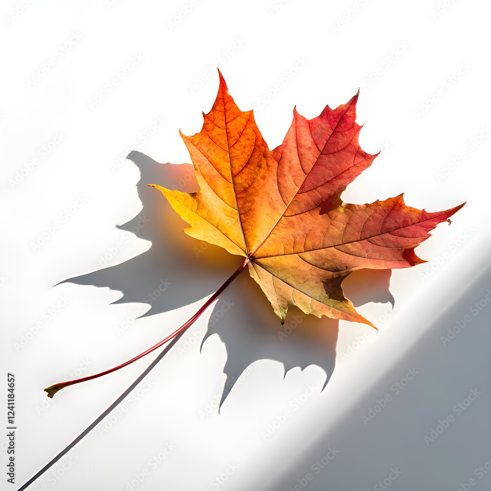 Fototapeta premium One autumn maple leaf with warm gradient colors and soft shadow on a white surface