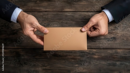 Hands exchanging a brown envelope under the table during a business meeting, representing bribery and secret corruption