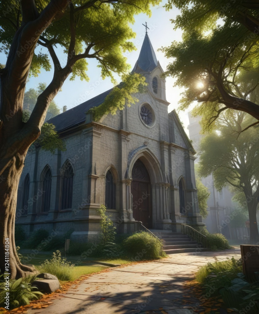 Obraz premium Large leafy branches covering a historic church, architecture, church, nature