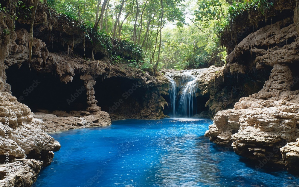 Naklejka premium Hidden Waterfall, Jungle Pool, Tropical Paradise