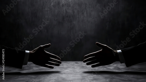 Shadowy hands exchanging bribes in a secret business meeting, representing illegal corporate activity and corruption