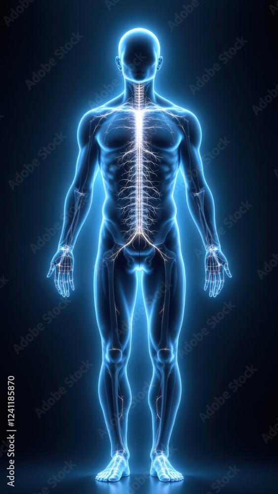 Medical illustration showing a human figure with highlighted internal structures including the vns (vagus nerve stimulation system). Medical illustration showing a human figure with highlighted internal structures including the vns (vagus nerve stimulation system).