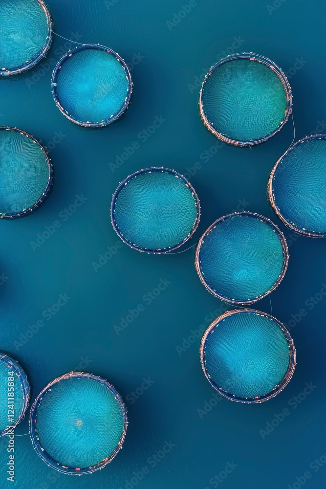 Aerial View of Circular Fish Farms in Ocean Water Aerial View of Circular Fish Farms in Ocean Water