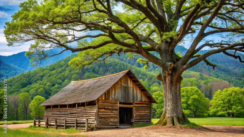 Old rustic log barn standing tall next to a large ancient tree with gnarled branches in Cades Cove Tennessee, rustic barn Old rustic log barn standing tall next to a large ancient tree with gnarled branches in Cades Cove Tennessee, rustic barn