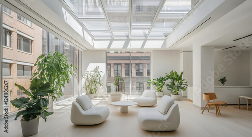 A modern living room full of nature. The room contains a white sofa and a white chair surrounded by various green plants