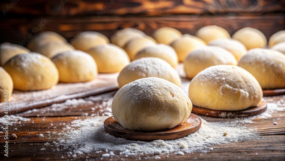 Panoramic View of Fresh Dough Balls Ready for Baking - Pizza, Bread, Bun Making Panoramic View of Fresh Dough Balls Ready for Baking - Pizza, Bread, Bun Making