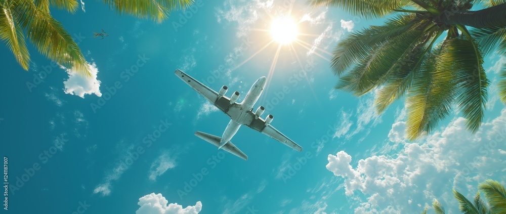 Fototapeta premium Imagine a stunning Summer Vacation scene with an airplane soaring, palm trees swaying in a warm breeze, and clear blue skies, creating the ideal atmosphere for a joyful and relaxing getaway
