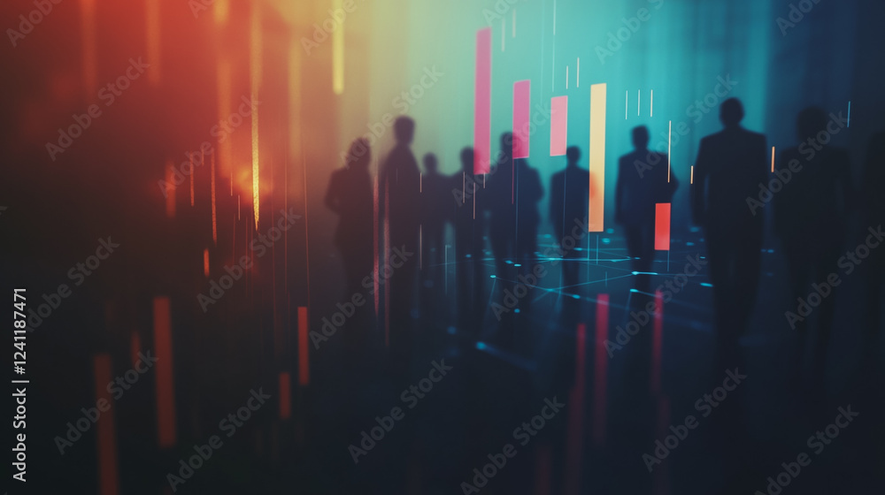 Group of business people silhouettes in modern office building and business network concept. Human resources with pastel innovation charts and graphs with statistics to analyze business Group of business people silhouettes in modern office building and business network concept. Human resources with pastel innovation charts and graphs with statistics to analyze business