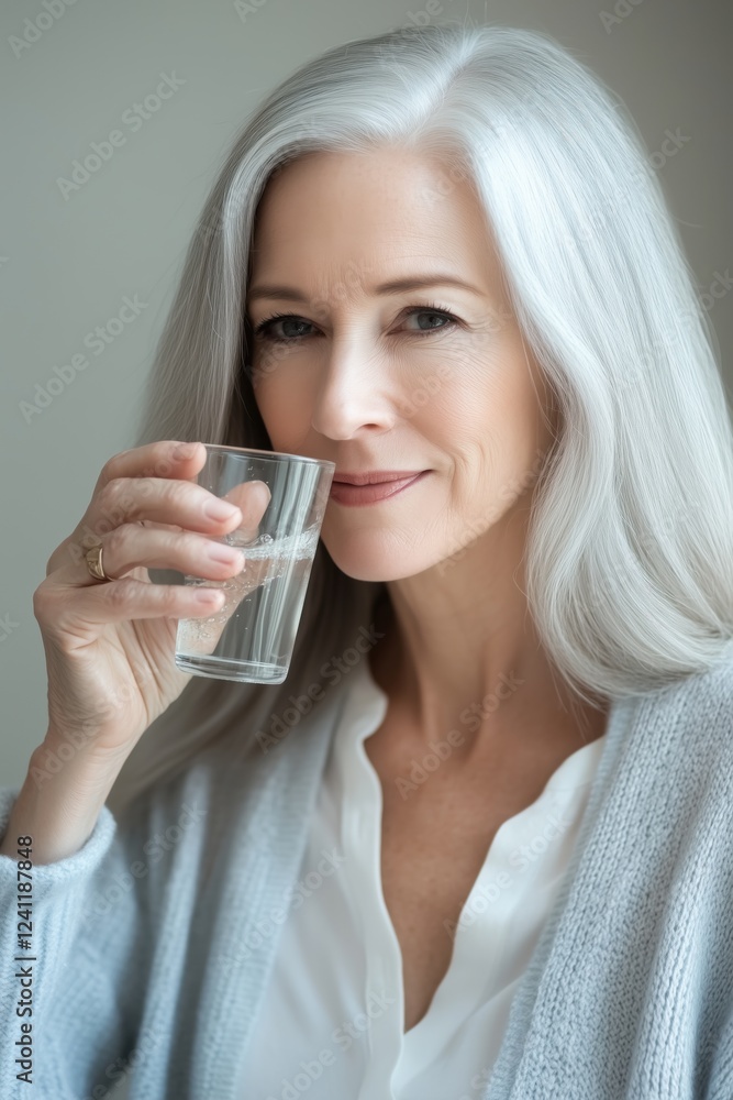 mature woman with gray hair drinking water from a clear glass mature woman with gray hair drinking water from a clear glass