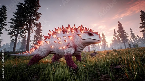 Detailed rendering of a friendly mythical quaesitosaurus creature set in a lush tropical forest landscape with a glowing atmospheric sunset  Surreal fantastical 3D digital for fantasy nature photo