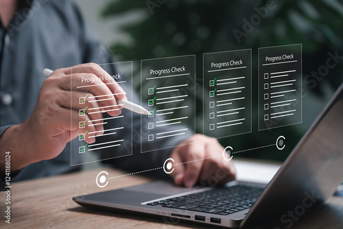 Progress check online document, Checklist and Task Management Concept, Businessman progress tracking of work, Document check online, Schedule plan, Workflow report step-by-step management, target