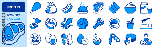 Icons in two colors about proteins. Meat, fish, seafood, legumes, nuts, eggs and dairy products.