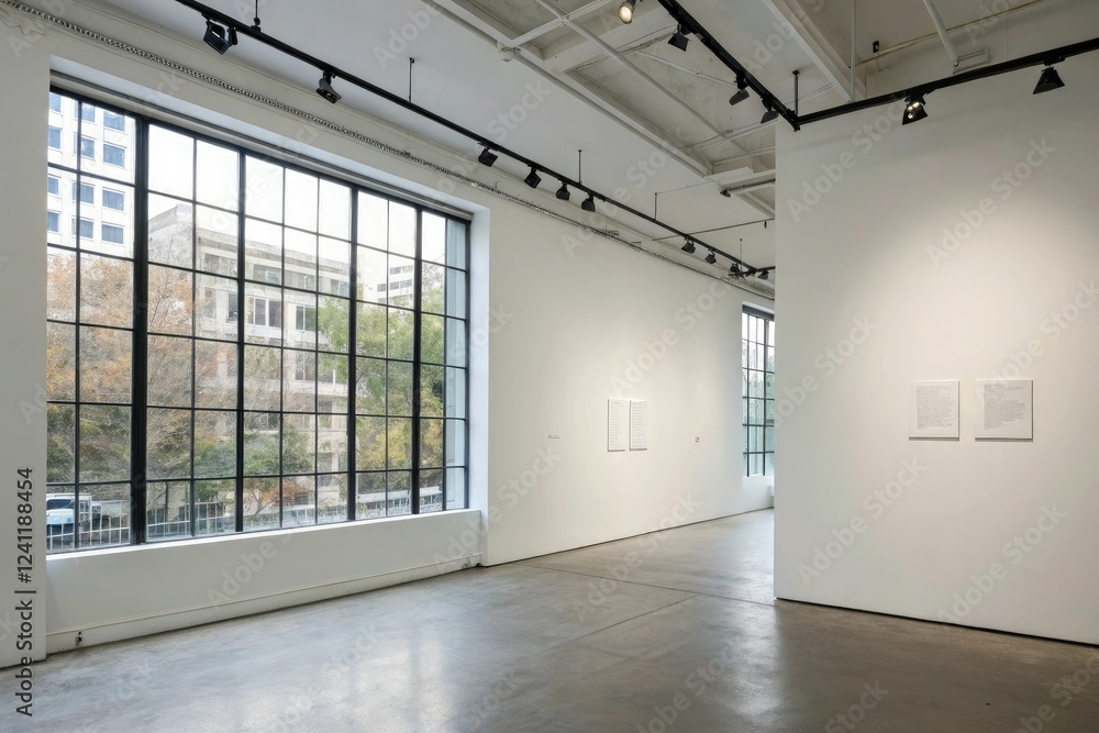 Fototapeta premium Minimalist gallery space with a large window on one wall, contemporary art, modern installation, gallery furniture, minimalist, urban architecture