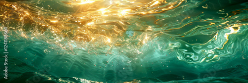 Surface water waves of sea with golden light tone, texture of glitter water and soft waves with sun glare and ripple banner template.