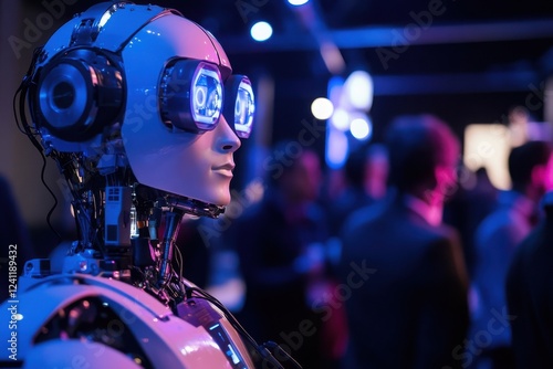 A futuristic robot with glowing blue eyes stands in a dimly lit room, surrounded by people, showcasing advancements in technology and robotics. photo